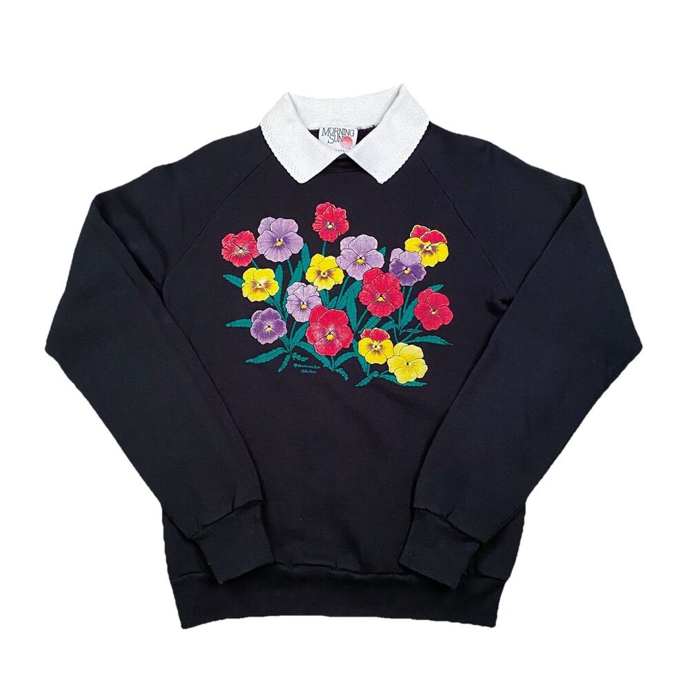 VTG Jerzees Sweatshirt Womens M Black Morning Sun Floral Pansy Grandmacore USA